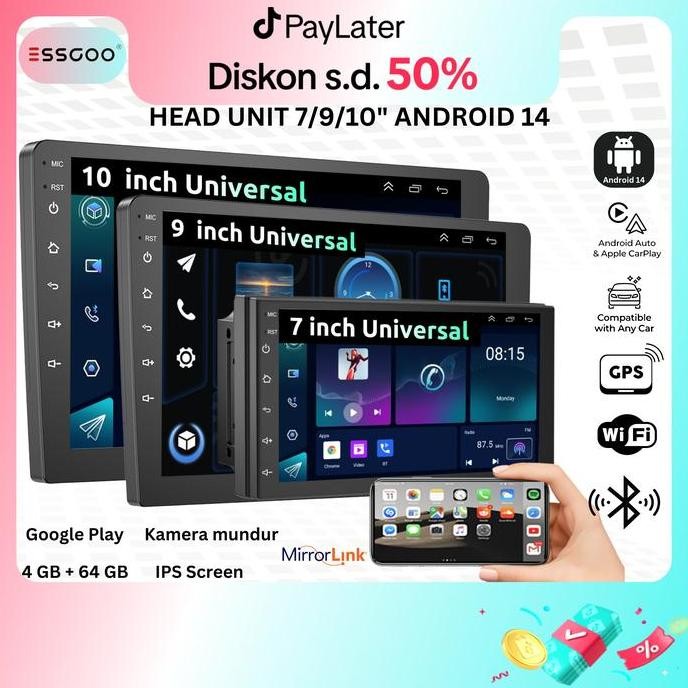 [Promo Diskon] Essgoo Head Unit Android 14 Mobil 4G+64G  7/9/10 Inch 2 Din Kontrol Suhu Cerdas Ips L
