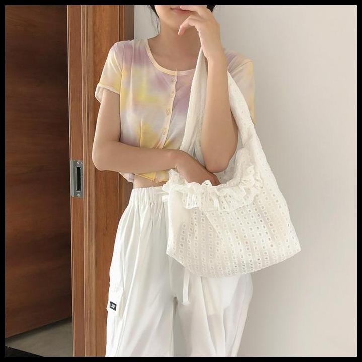TC-40 tas kain kerut renda putih wanita import jepang shoulder bag