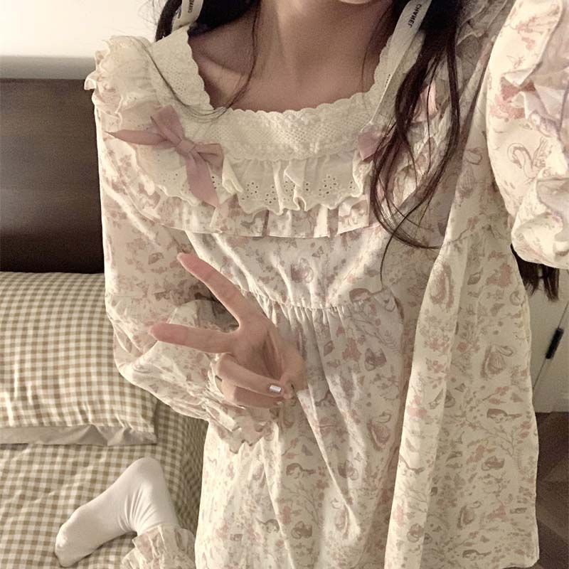 Lazy night Piyama Manis Lengan Panjang Renda Elegan Baru, Celana Panjang Motif Bunga Pakaian Rumah I