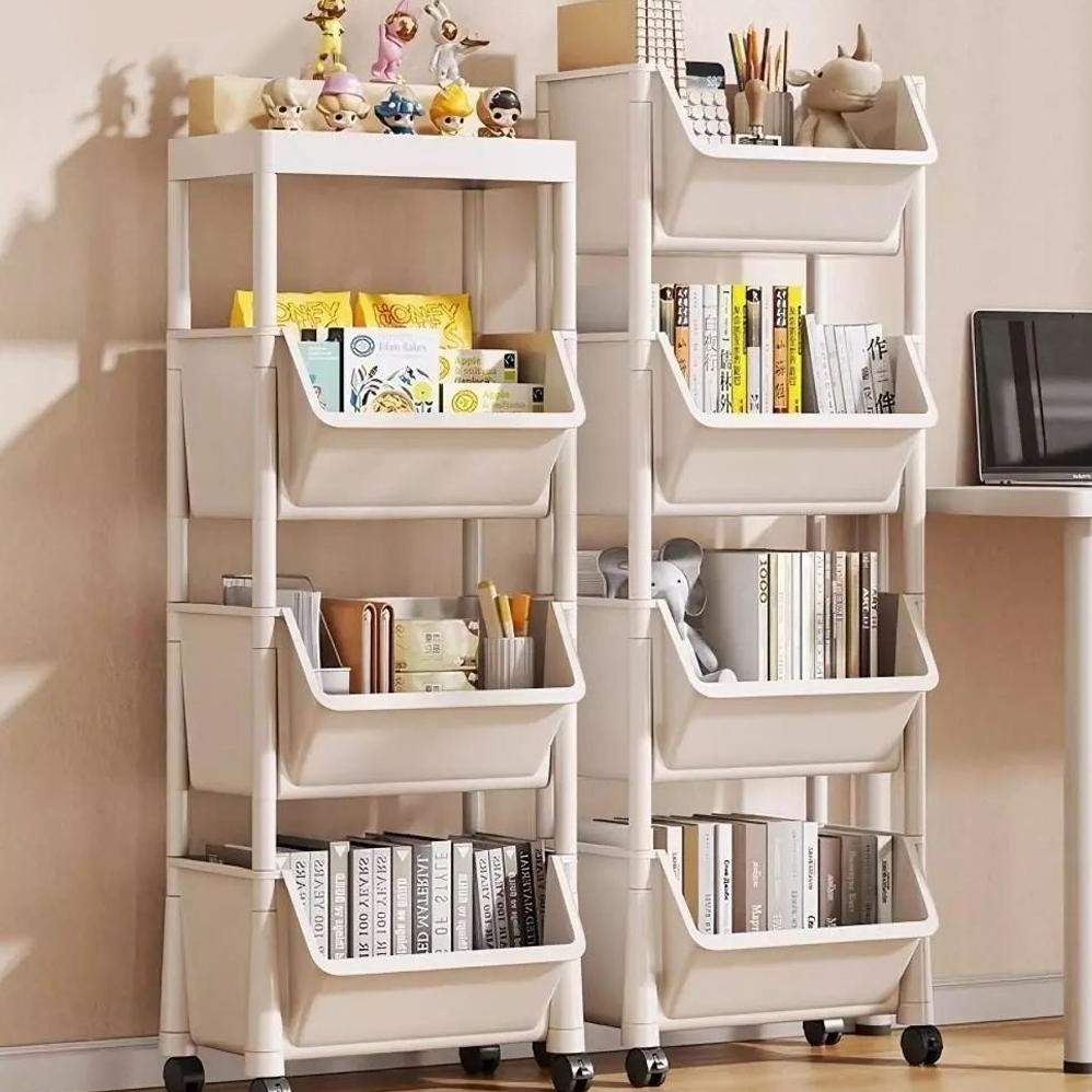 Rak Susun Penyimpanan Terbuka Serbaguna Rak Trolley Susun Dengan Roda Rak Buku