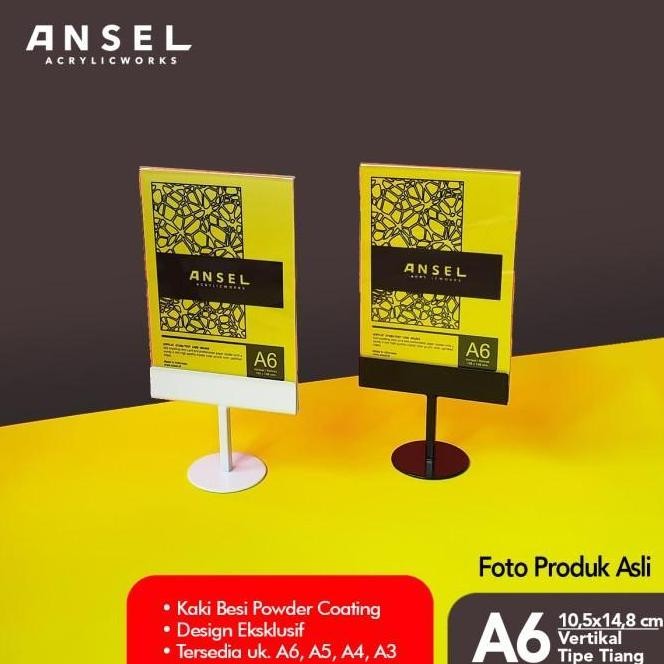 

NEW TENT CARD AKRILIK BESI/TIANG A6 VERTIKAL 10,5X14,8CM /NOMOR MEJA