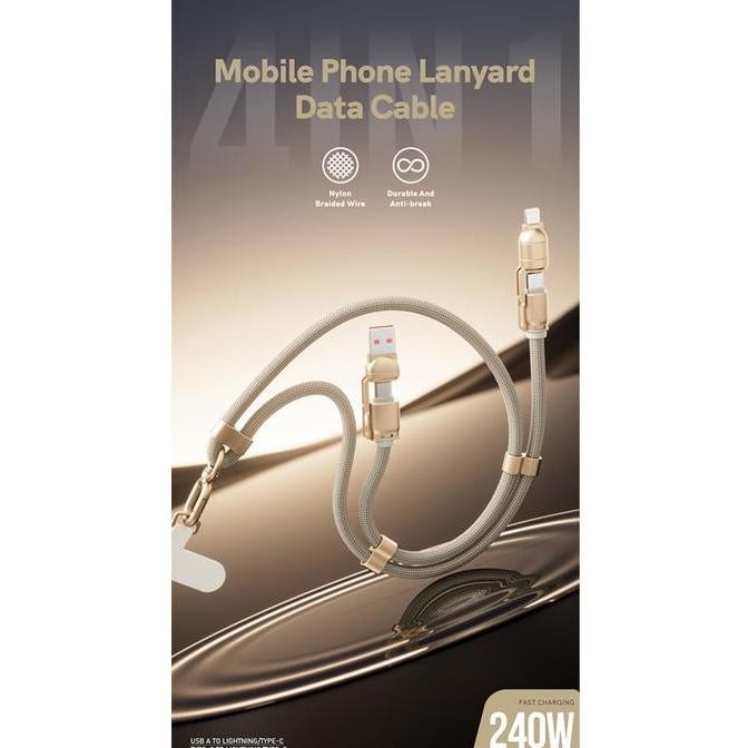 

Gzet Kabel Lanyard Casing Hp + Kabel Data Fast Charging 4 In 1 240W Kabel Pengisi Daya Cepat Strap Tali Gantungan Hp 1.5 Meter Panjang Adapter Colokan