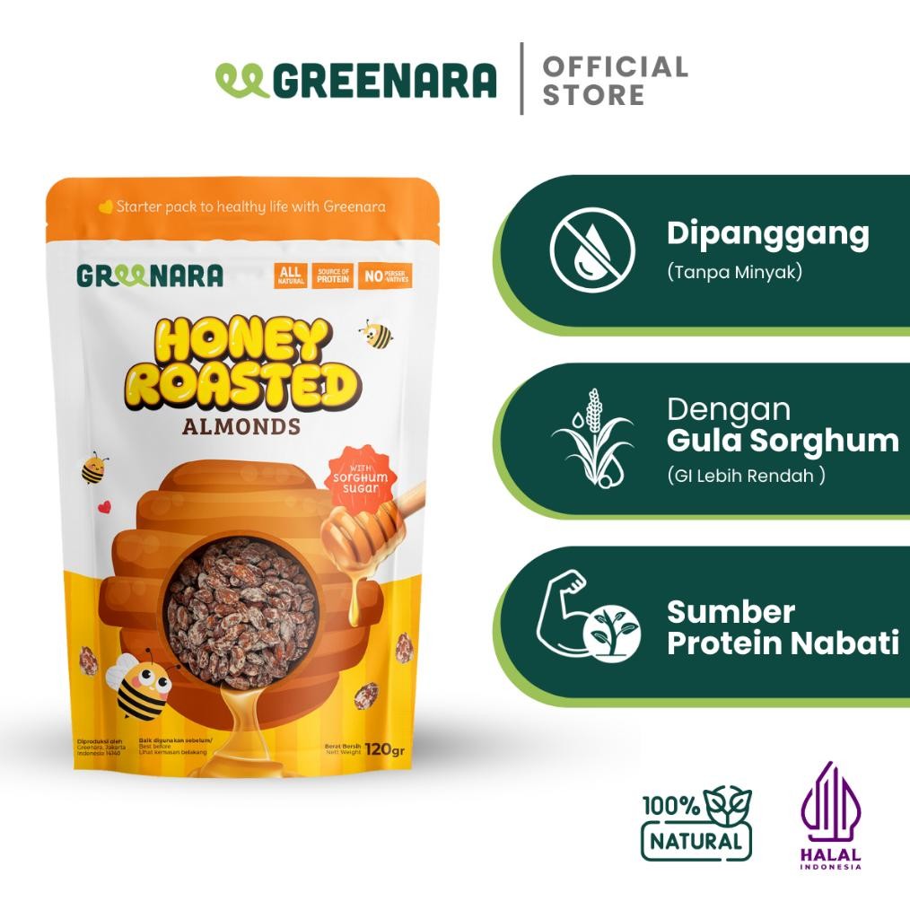 

Greenara Natural Honey Roasted Almonds 120gr Low Cale (160cal / Serv) / Snack Kacang Sehat Alami