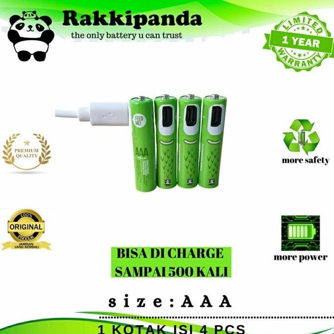 TERBARU - Baterai Rakkipanda AAA Batre Cas Ulang Batrai AAA Cas Micro Usb Isi 4