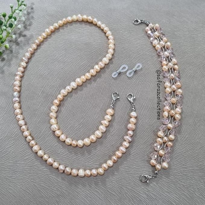 Baru  Set Kalung / Strap Masker dan Konektor Masker Mutiara Air Tawar Asli