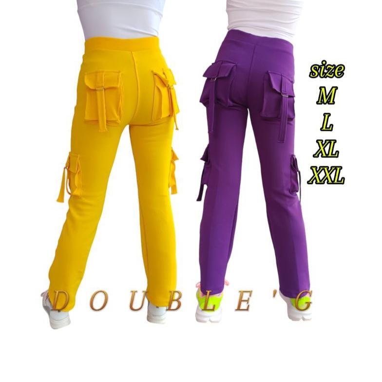 DUBLE'G SPORT Celana Senam Cargo Kantong empat/Celana Olahraga Wanita Panjang Strec Pinggang Karet/C