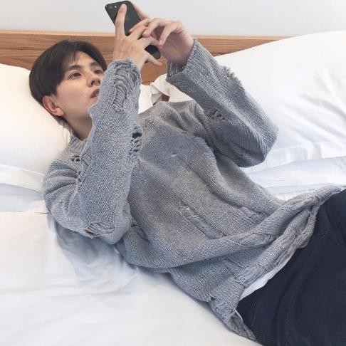 ''Terlaris" Men'S Sweater Loose Sweater Crew Neck Personality Ripped Sweater Murah