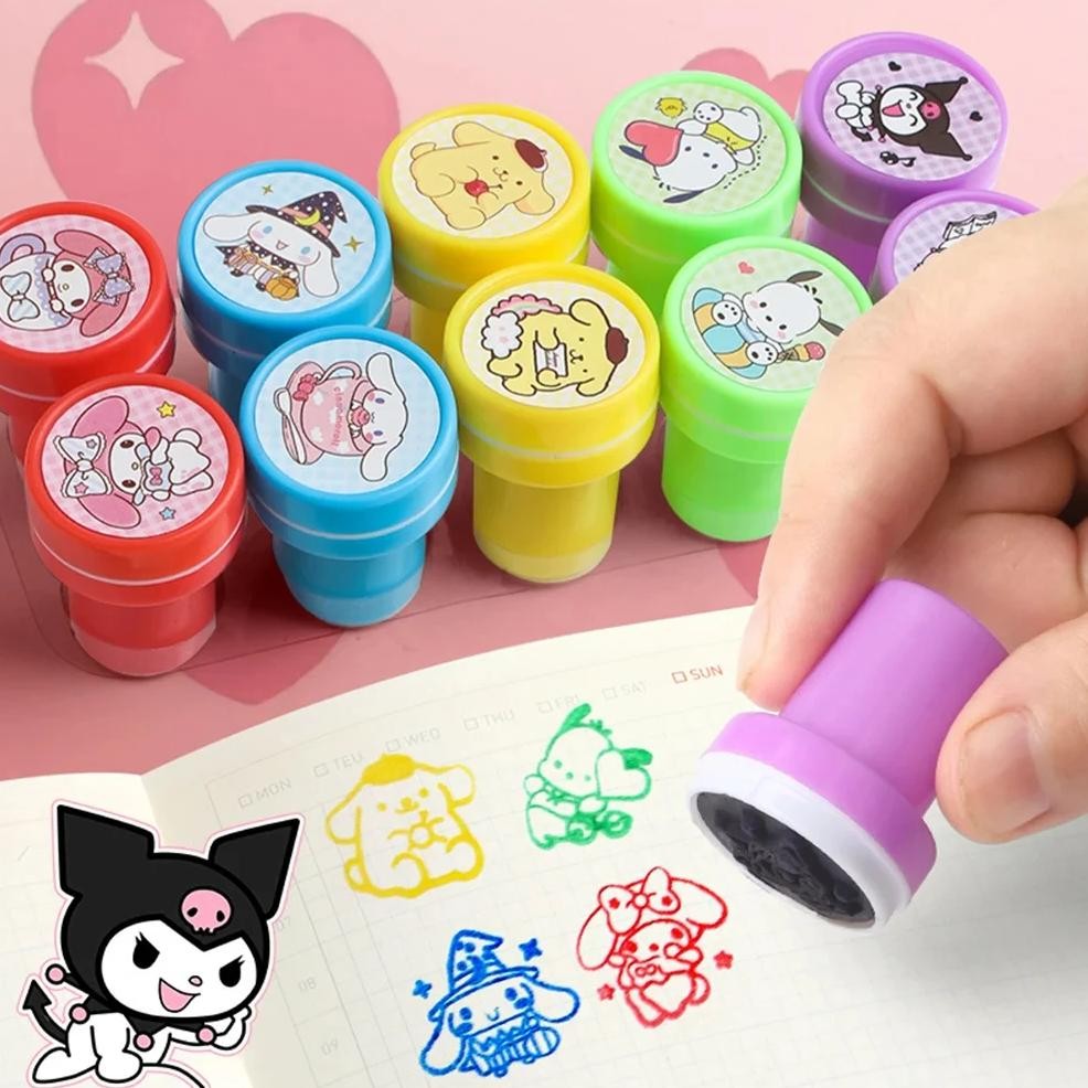 

10Pcs Sanrio Cinnamoroll Kuromi Melody Self-Ink Stamps Cute Pompompurin Face Seal Painting Photo Album Stamp Kids Toys