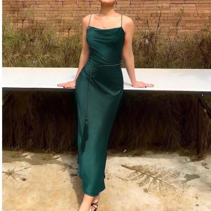 Maxi Long Dress Satin Silk Flowy Belty Classy Party Night Gown