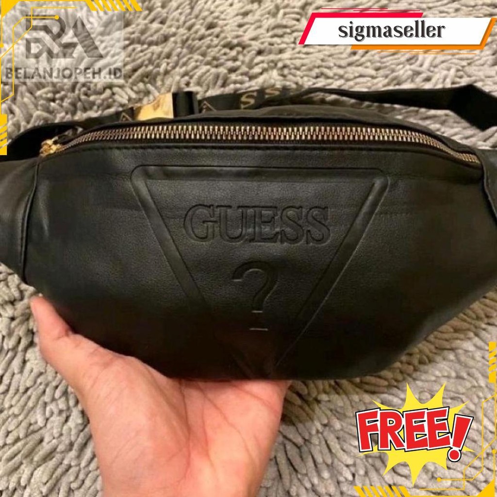 Anti Air  High Quality Waistbag Guess Black Gold Import Waterproof Unisex  | Tas Pinggang Kulit / Wa