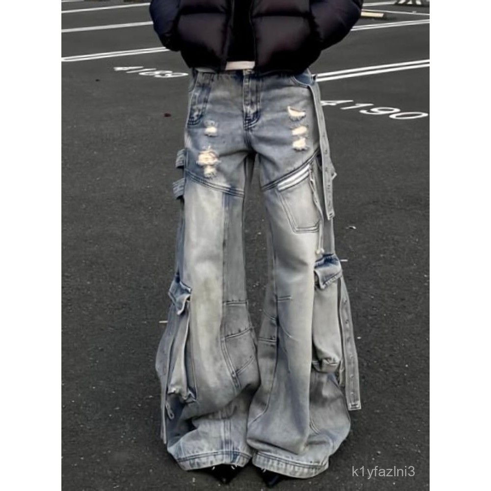 American Retro Large Size Washed Deconstructed Heavy Workwear Jeans for Women Street Style Straight 