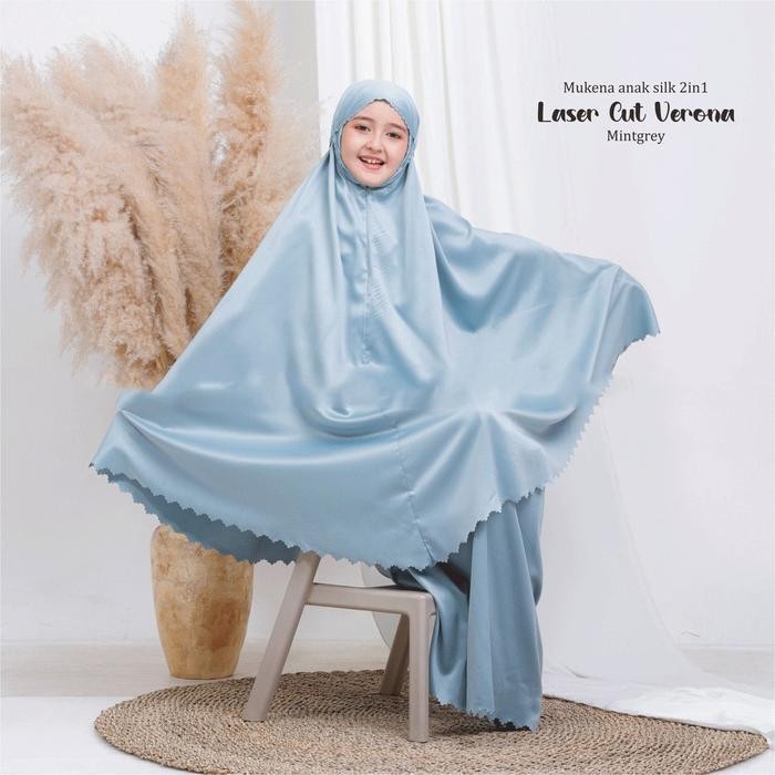 Mukena Anak 2In1 Umur 8-13 Tahun Bahan Satin Silk Premium Finishing Laser Cut | Mukena Anak Terbaru 