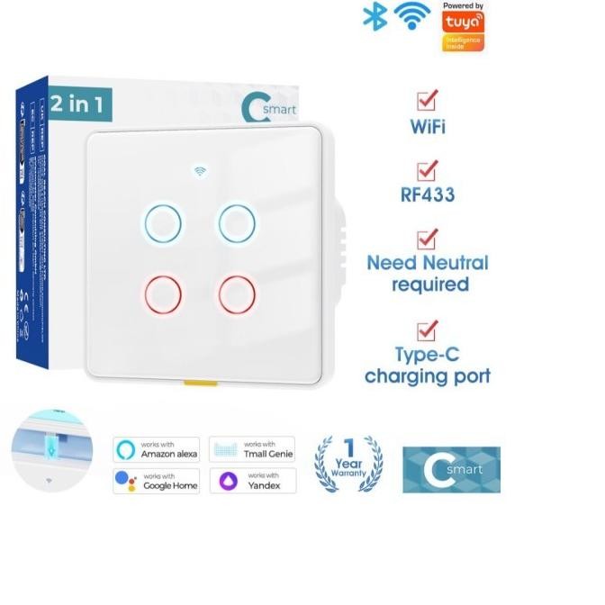 Tuya RF433 Wifi Smart Switch Dengan USB Type-C RF 433 Smart Home Light Touch Wall Switch 1 Gang 2 Ga
