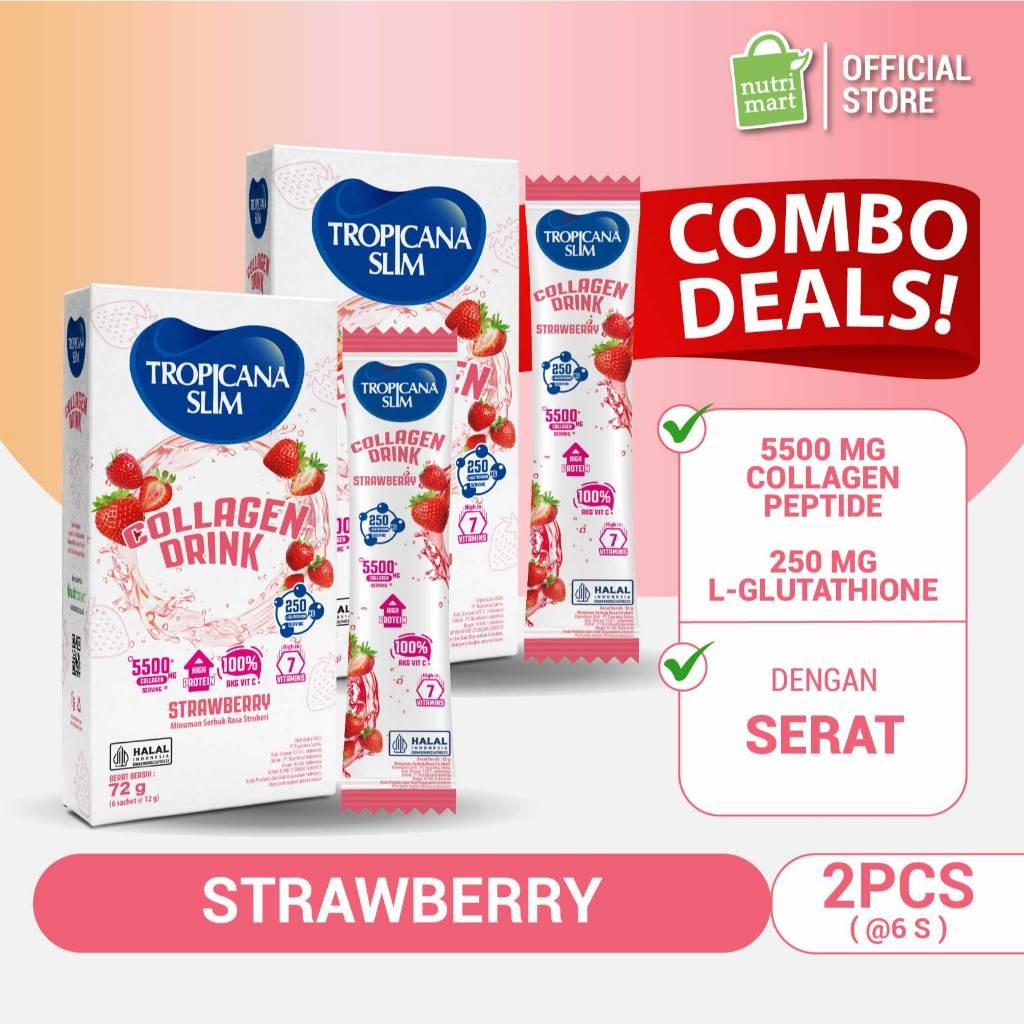 Twin Pack - Tropicana Slim Collagen Drink Strawberry Stick (6 sachet) - Kolagen Bebas Gula dengan Gl
