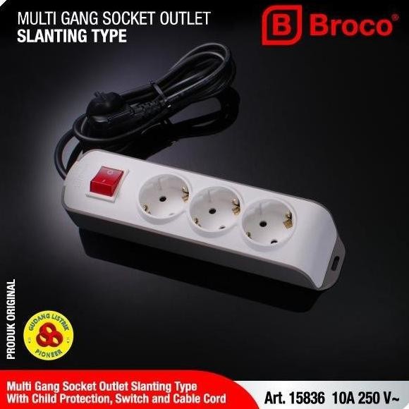 Broco Stop Kontak 3 Lubang Miring CP 15836 + Saklar Lampu + Kabel 1,5M