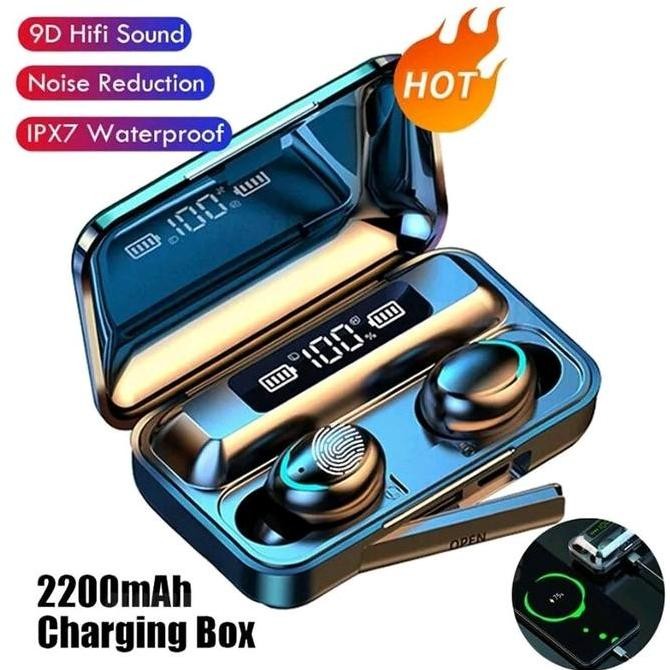 Original Headset TWS F9-5C Bluetooth Full Bass Mic + Powerbank Box - Earbud In-Ear Android iPhone