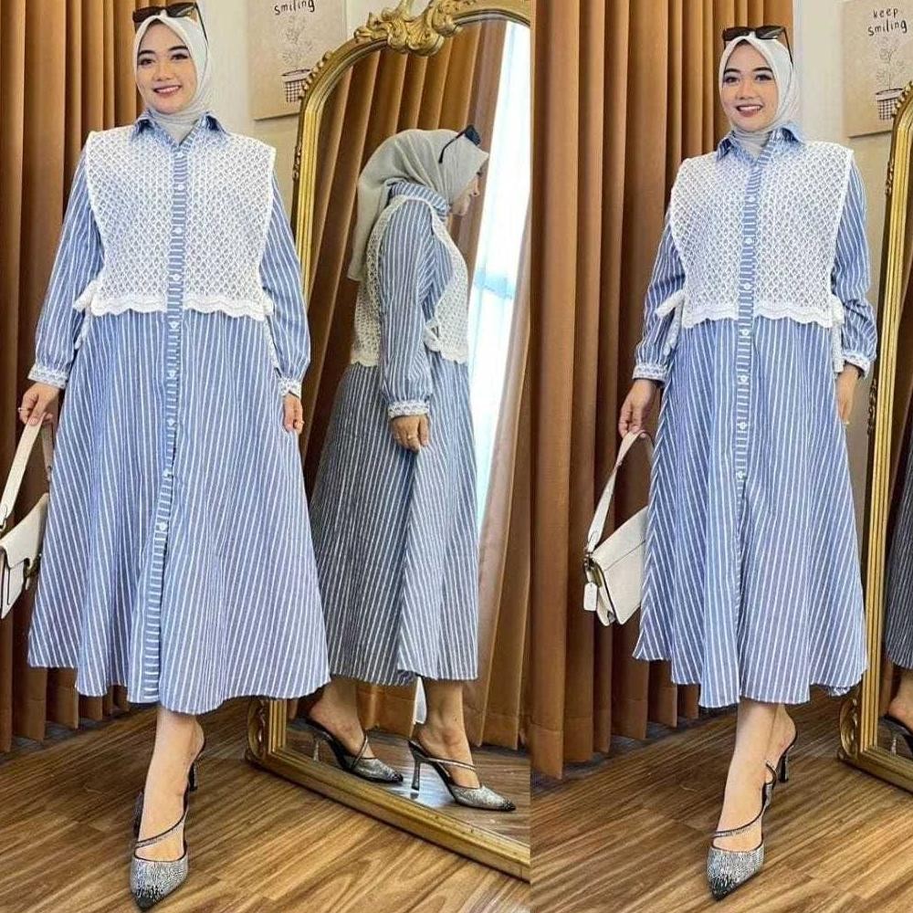 Hot - Dwaf.style Midi Salur Mix Brukat Jumbo XXL | Dress Wanita Lengan Panjang | Midi Dress Korean S