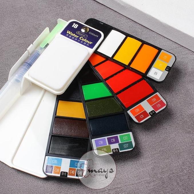 

Superior Solid Watercolor Aquarelle Cake Paint Set 18 Warna - Cat Air Padat Isi 18 Color - Cat Lukis Watercolour Mini Compact Portable Acquerelli Color Colour Colors Set Kuas