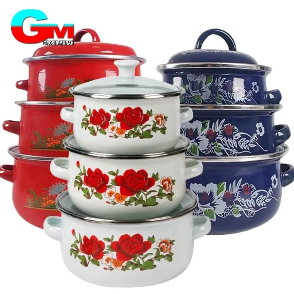 Panci Bunga Calypso 3 Susun / Panci Enamel Bunga Set 3pcs / Panci Enamel Lurik Nugi