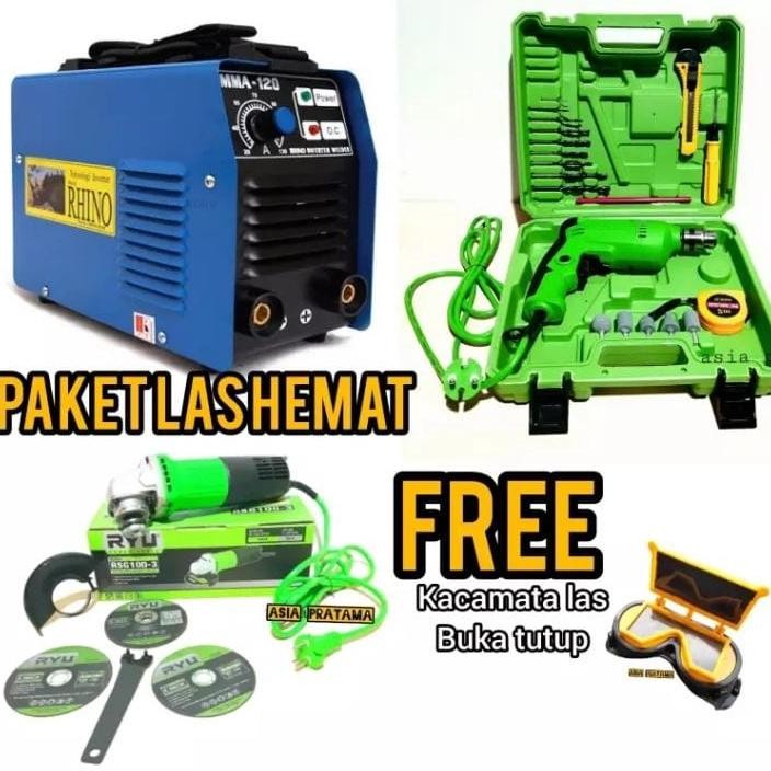 Terlaris Termurah Bisa Cod  4 Item Paket Mesin Las Rhino Biru 120A 450 Watt Plus Gerinda Ryu Dan Bor