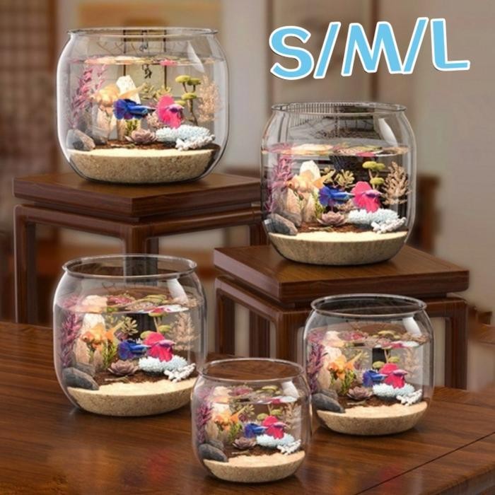 AL Aquarium Bulat Kaca Mini Aquarium Toples Bulat Ikan Hias Aquarium/pajangan Meja Aesthetic/paket A