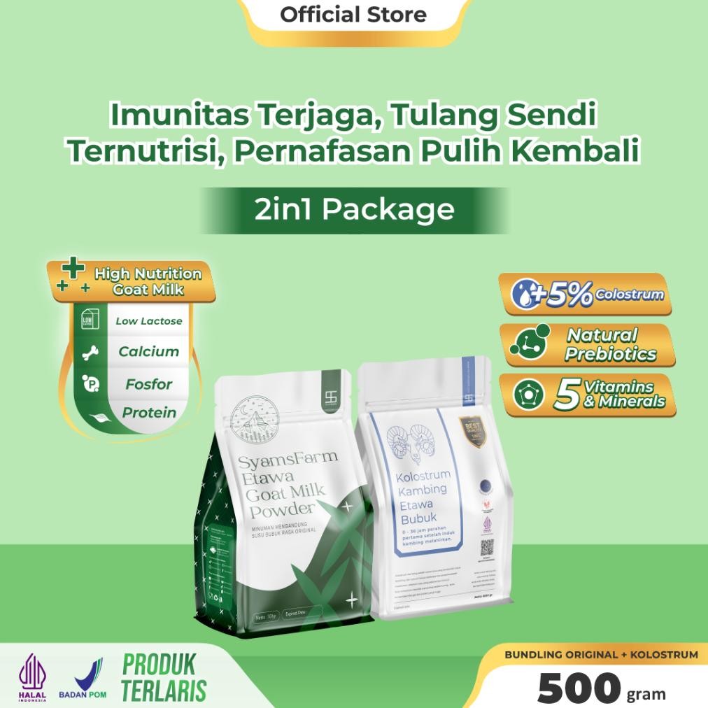 

NO_MORE Ternak Syams - 2in1 Package High Immune Max Calcium Mendapatkan Susu Kambing Etawa Original 500g & Etawa Kolostrum 500g tulang sendi otot pernafasan asma syaraf kejepit osteoporosis kerapuhan susu lansia radang pergelangan sendi lutut pinggang