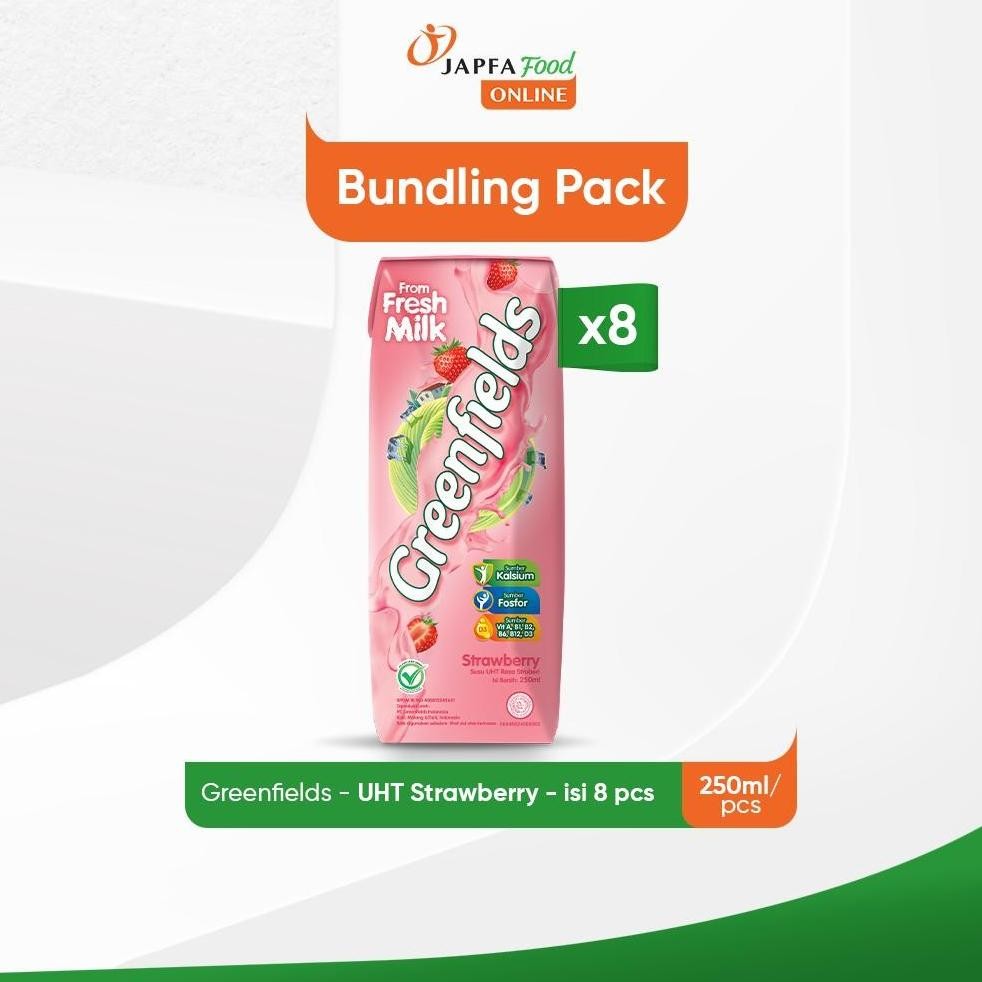 

NO_MORE Greenfields Susu UHT Strawberry 250 ml - isi 8 pcs - 100% Fresh Milk dari Greenfields Farm