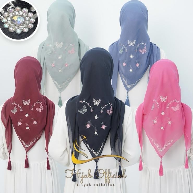 Hijab Segi Empat Sulam Bordir Bahan Paris Motif Bunga Kupukupu Jilbab Katun Wanita Muslim Tassel
