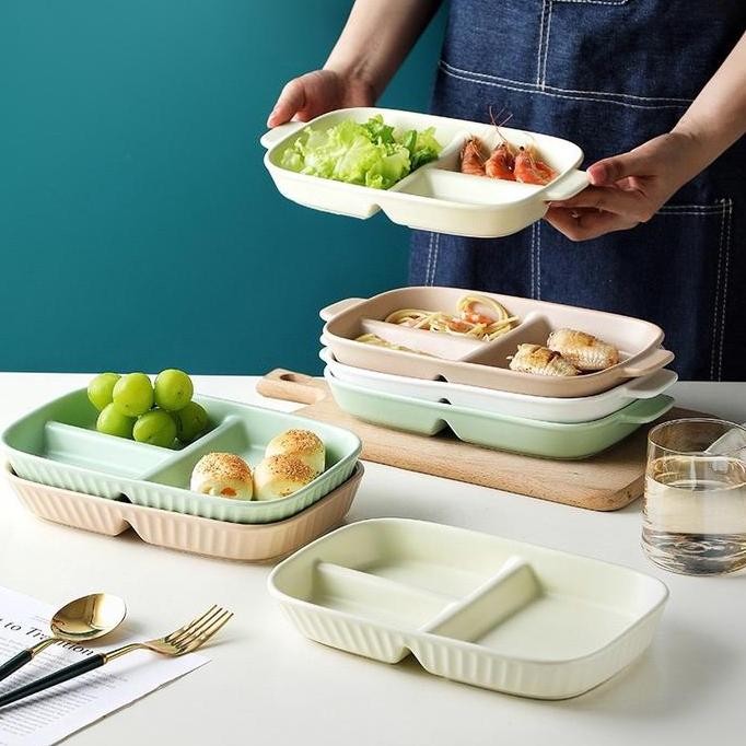 Piring Sekat 3 Keramik Estetik ala Korea / Piring Makan Piring Lauk Piring Saji / Korea  Ceramic Pla