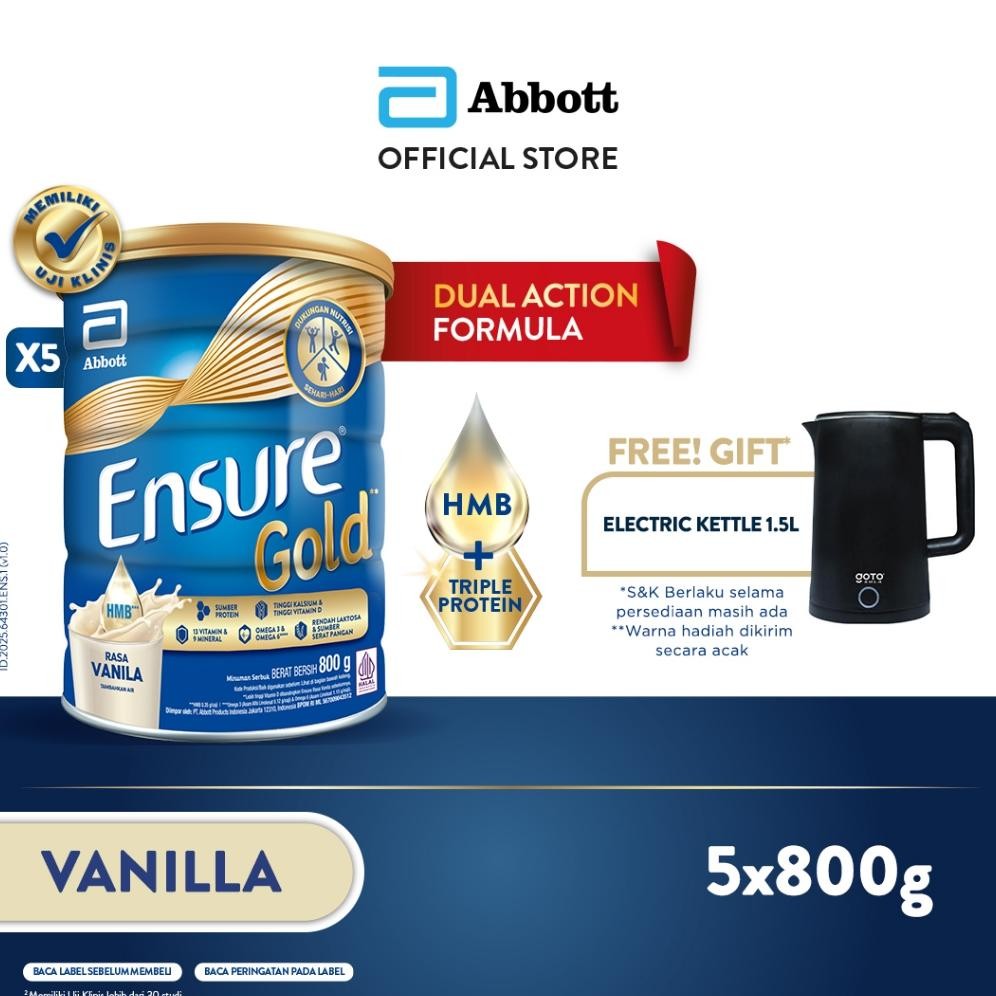 

NO_MORE Ensure Gold HMB Vanila 800 g - Nutrisi Dewasa Rendah Laktosa - 5 pcs - FREE GIFT