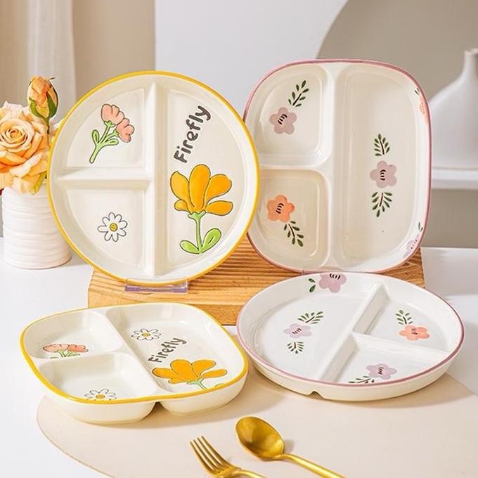 Piring Keramik Sekat Tiga 3 Motif Bunga ala Korea / Piring Makan Piring Diet Tahan Panas BS