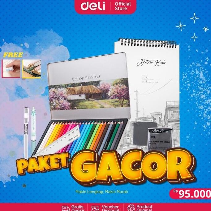 

[PAKET GACORR] Deli Combo Oil Pensil 24/36/48/72 + SketchBook Free Pencil Mekanik Free Penghapus Lukisan