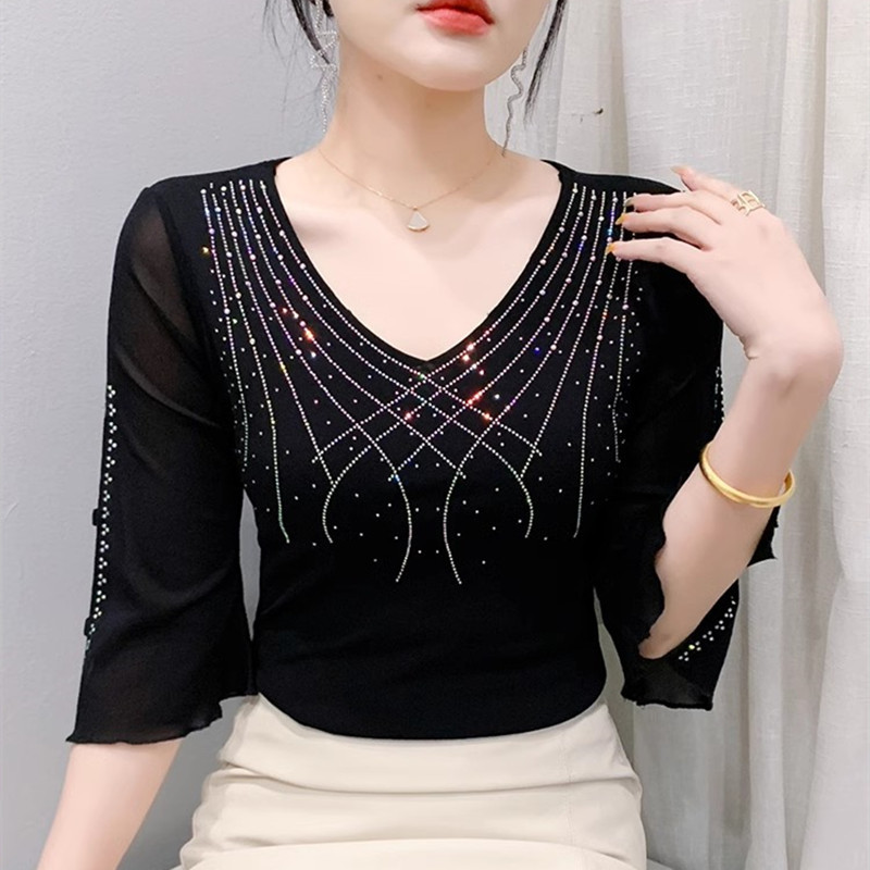 Mesh V Collar Hot Drilling 3/4 Sleeve Top Plus size All-Matching Short Sleeve