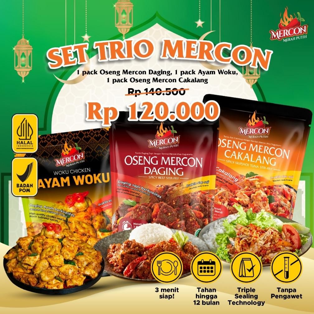 

Trend - Mercon Merah Putih - Set Trio Mercon isi 3 Pack Lauk Pedas Siap Saji (DAGING, AYAM WOKU, CAKALANG)