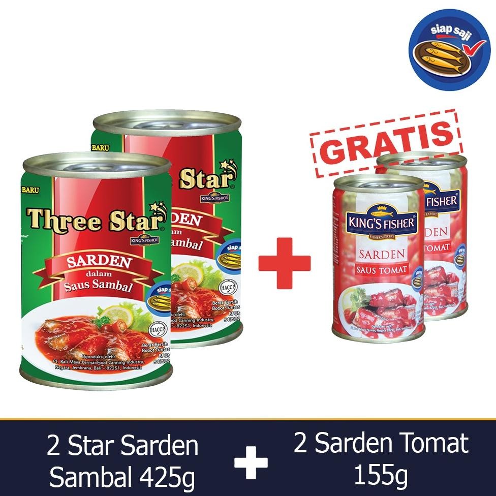 

NO_MORE King's Fisher Three Star Paket 4 pcs Sarden saus sambal Tomat 425g 155g Makanan Kaleng