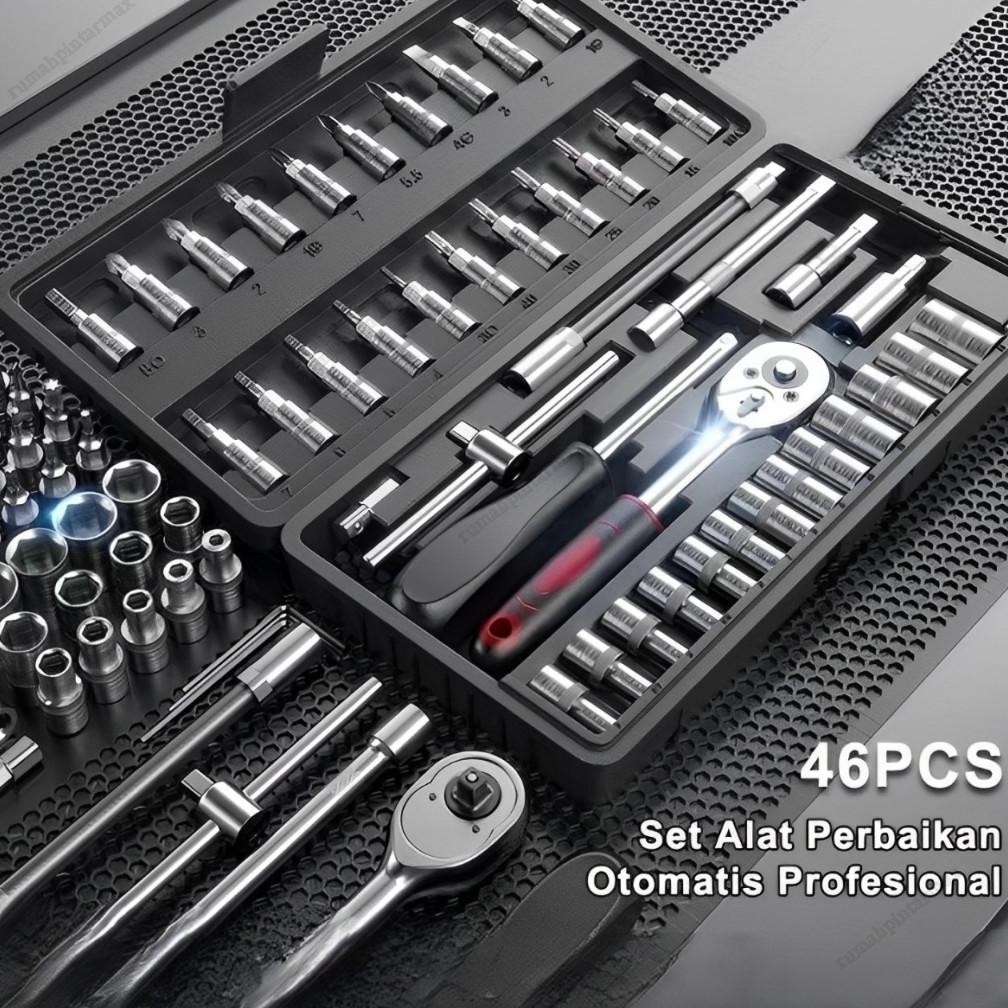 TEKIRO kunci 1set lengkap 46 Pcs kunci shock set 1/4 Kunci Sok Socket Wrench Pas socket Set Mobil Mo