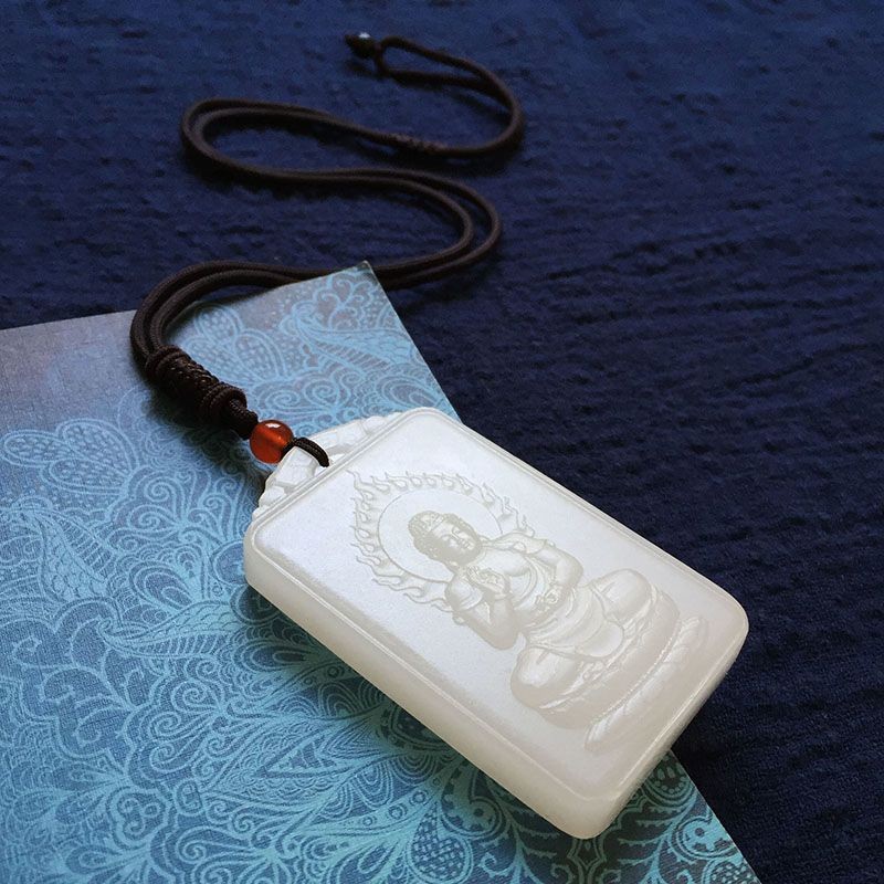 Liontin Giok Putih Delapan Buddha Pelindung Zodiak Domba Giok Gemuk Plakat Giok Guanyin