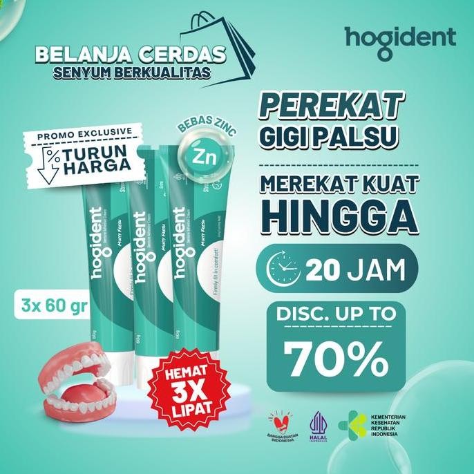 

[WIB SALE] Hogident Lem Perekat Gigi Palsu Tahan hingga 20 jam - Bundling 3pcs 60gram