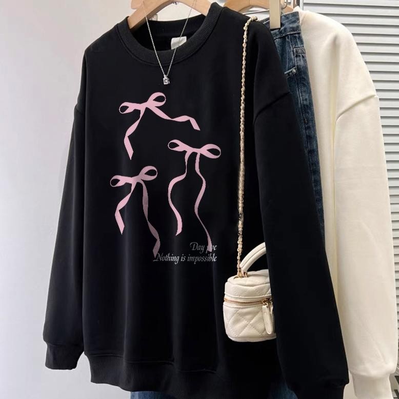 Forteid Sweater Lengan Panjang Oversize Street Style Korean Style/Switer Wanita Oversize busur merah