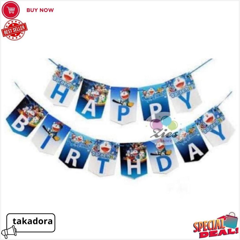 Banner Happy Birthday Doraemon / Banner Ulang Tahun Karakter Doraemon Original Produk