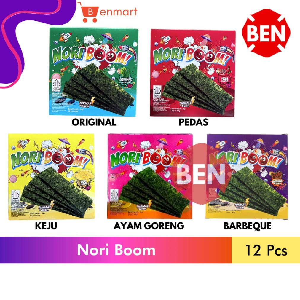 

Nori Boom Rumput Laut ORIGINAL / PEDAS / KEJU / AYAM GORENG / BARBEQUE 1 Box 12 Pcs Crispy Seaweed Cheese KUNING HIJAU MERAH aSt
