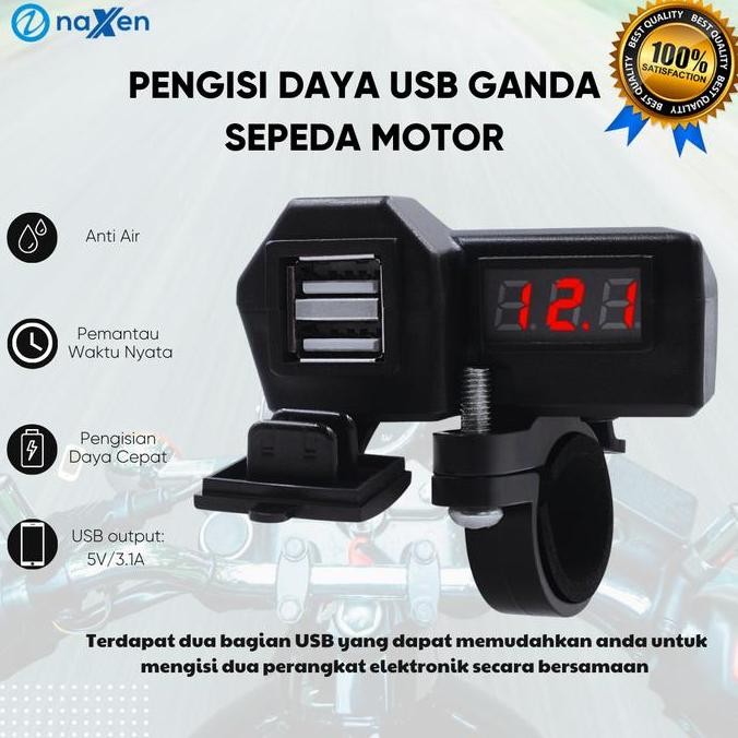 TERLARIS - USB Charger untuk Motor Motorcycle Digital Voltmeter 2 Port USB 3.1A