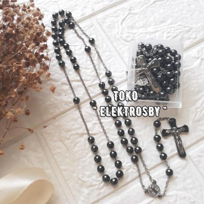 Kalung Rosario Batu, Salib Monel/Besi Putih "Asli Tdk Karat"