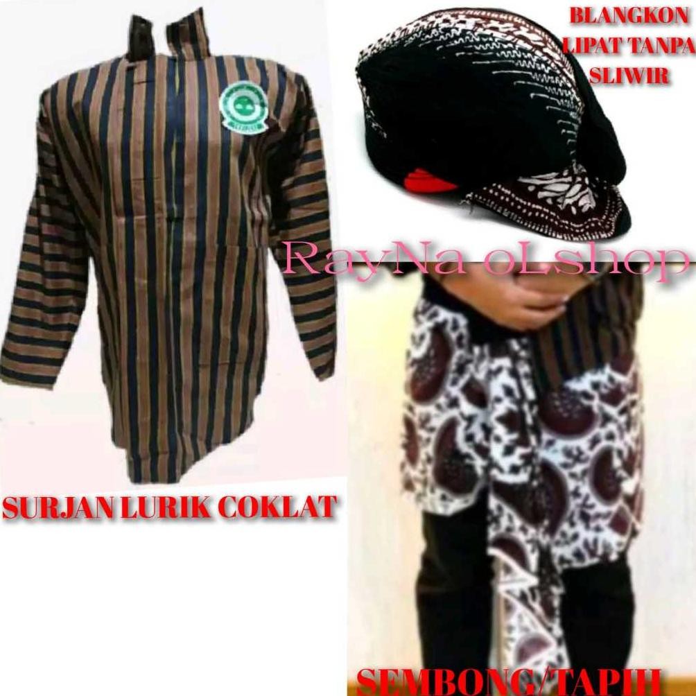 SET PAKAIAN ADAT JAWA COWO PRIA TAPIHSEMBONG INSTAN BLANGKON LIPAT TANPA SLIWIR SURJAN LURIK COKLAT 