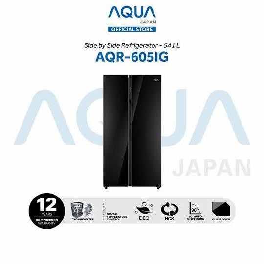 TERMURAH - AQUA AQR-605IG Kulkas SIDE BY SIDE Sanyo Inverter AQR605IG Black Glass