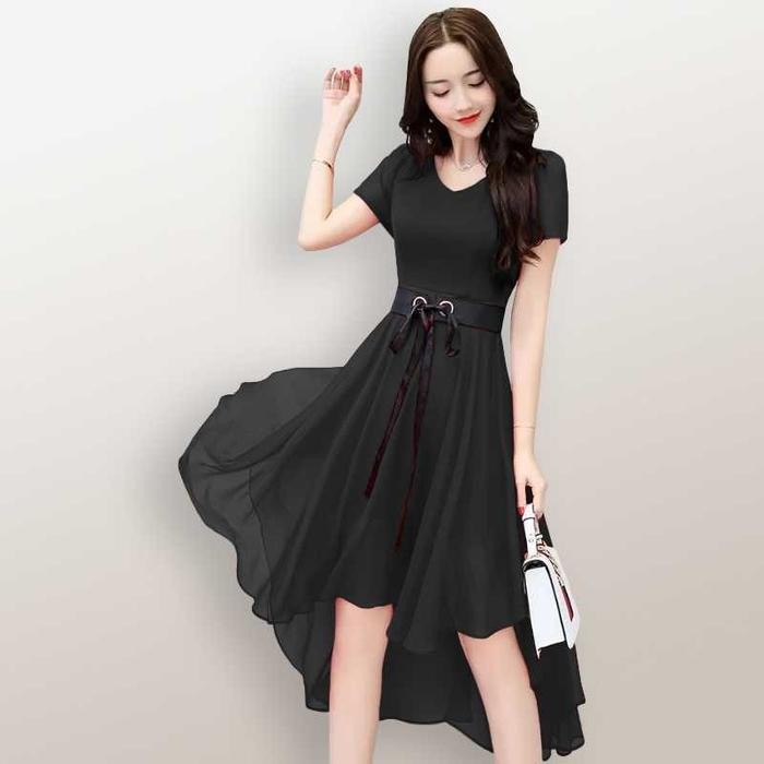 Dd Midi Dress Korea Lengan Pendek Wanita Layer Sifon Asimetri Moody Hitam Dres  Kaos Cantik