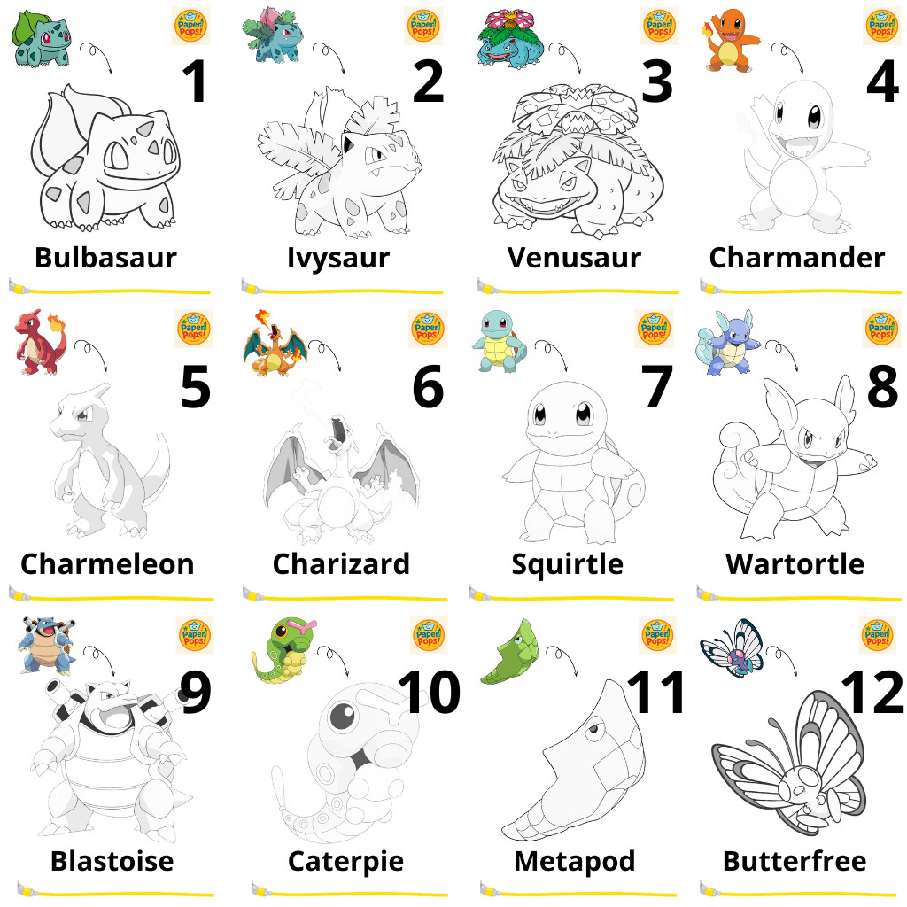 

[PaperPops!] Lembar Kertas Mewarnai anak-anak Tema Pokemon Gen 1 Part 1