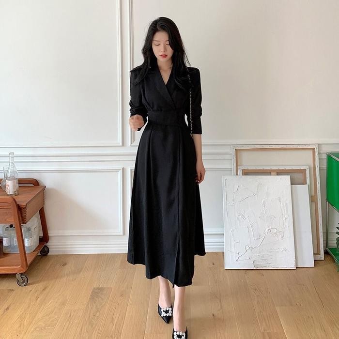 Dd Bian Dress Korean Simple Basic Polos Dinner Casual Gaun Formal Sopan Rapi Lengan Panjang White Bl