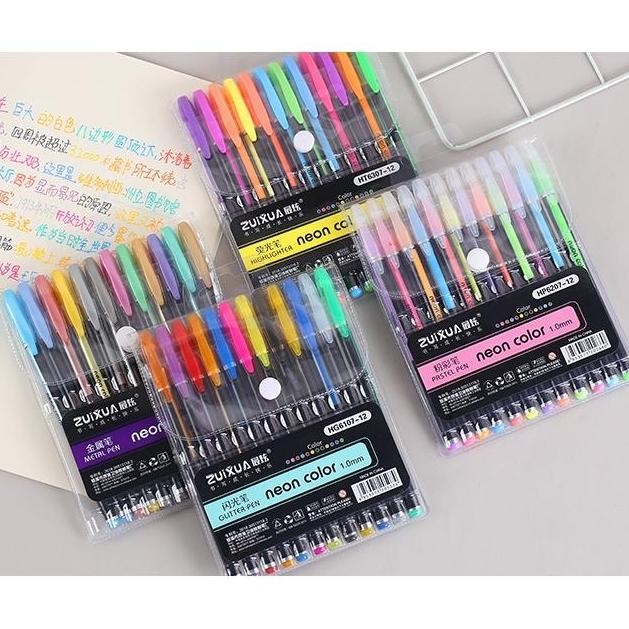 

Shercoll - Set Bolpoin Warna Neon Isi 12 / Paket Pulpen Warna-Warni Untuk Buku Hitam / Pena Neon Set