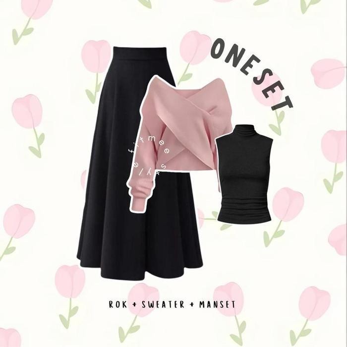 Ysn Outfitset Ootd - Liora Outfit 1 Set Korean 3In1 ( Atasan Sweater Cross Rajut Oversize , Manset T